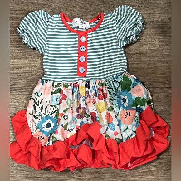 Marie Nicole Other - Slate Blue/ Pink Striped Spring Flowers Ruffle Dress